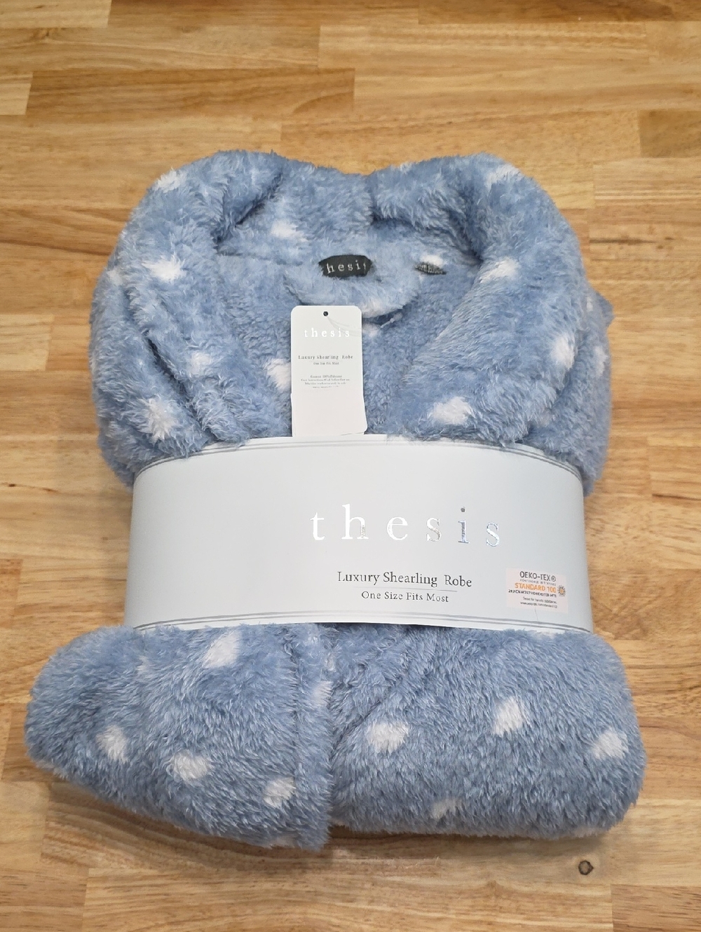 thesis Luxury Shearling Robe in Light Blue with White Dots